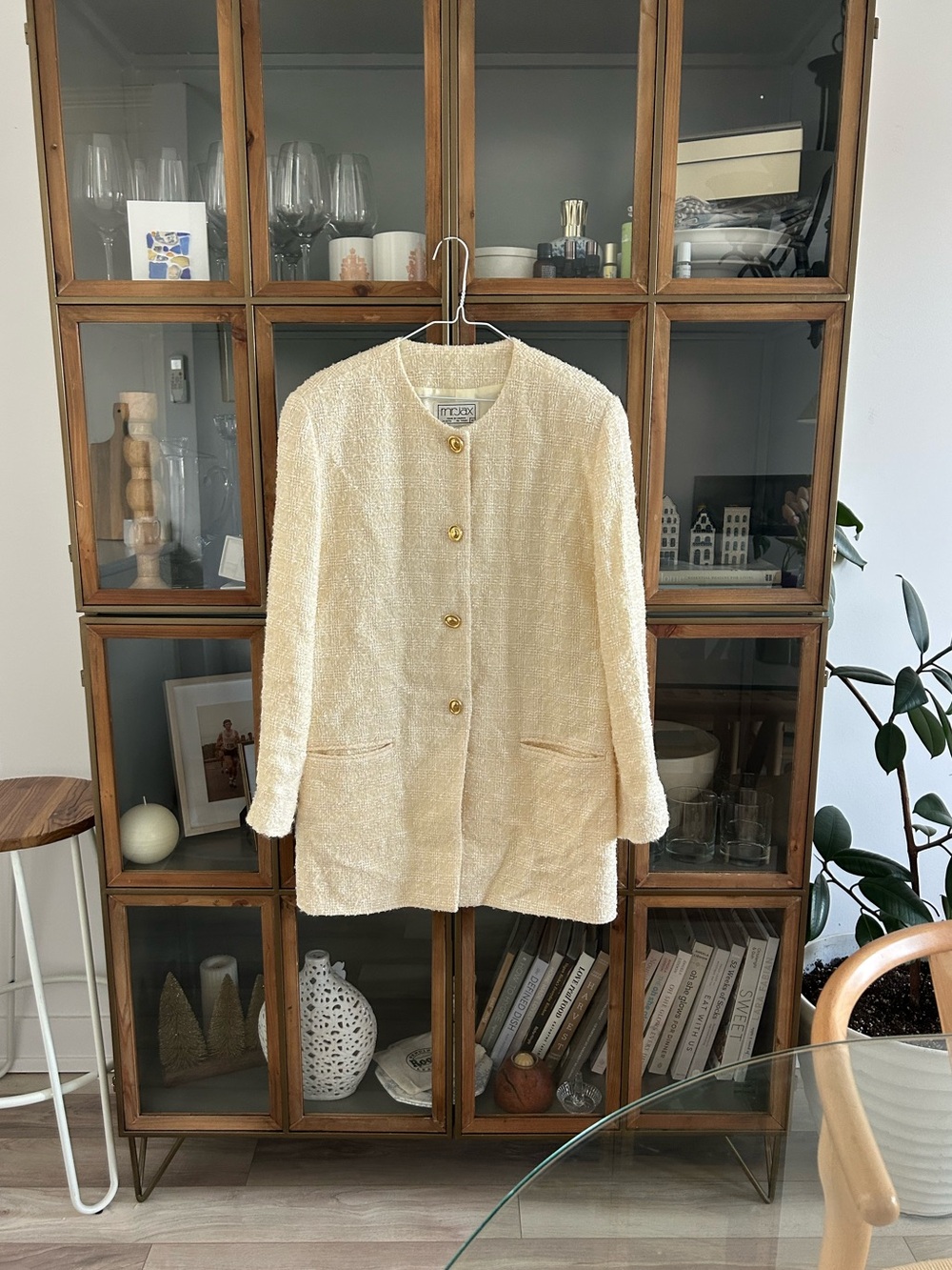 Vintage Mr. Jax Wool Blend Cream Bouclé Long Jacket with Gold Buttons